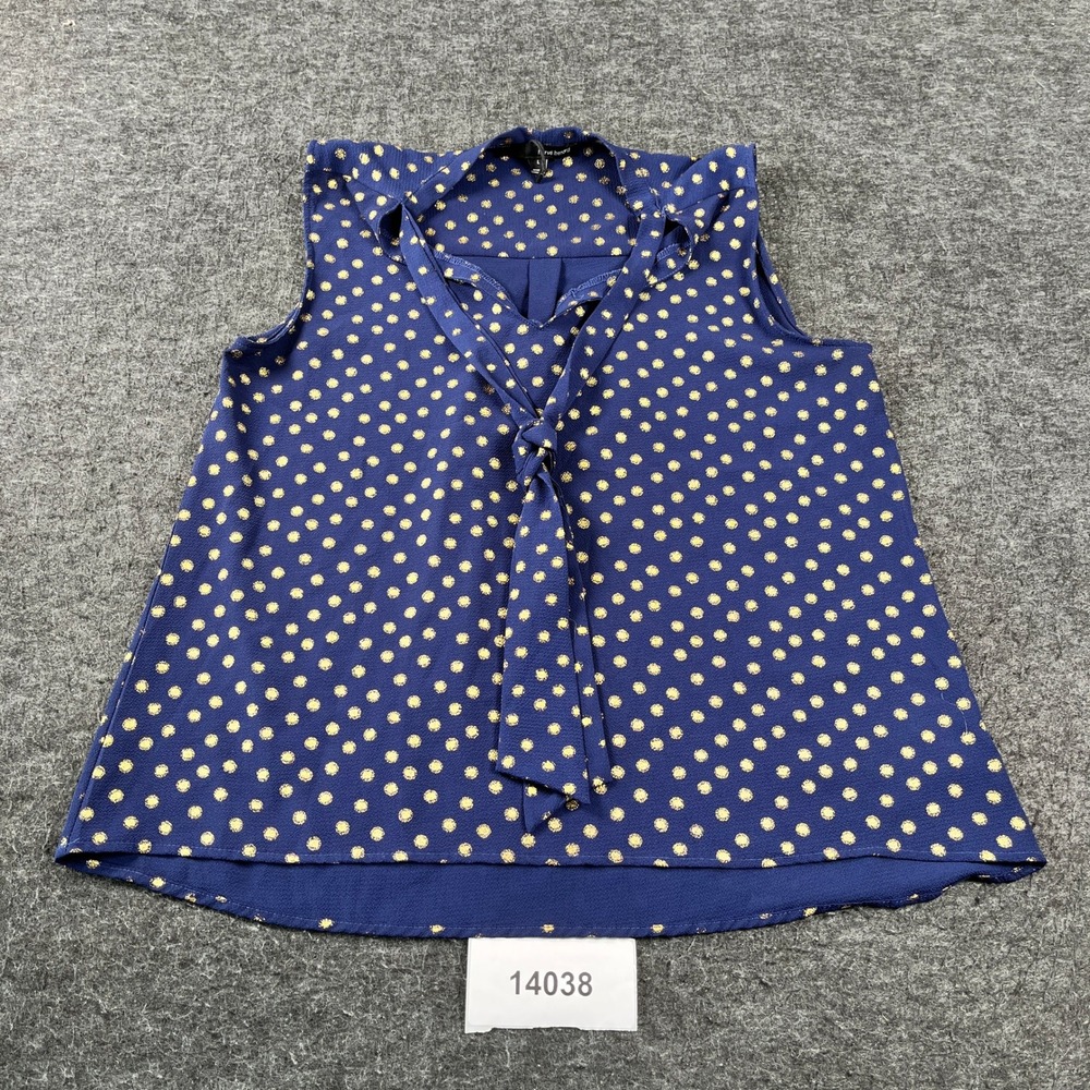 Harve Benard Blouse Top Womens Large Blue Gold Polka Dot Tie Neck Sleeveless